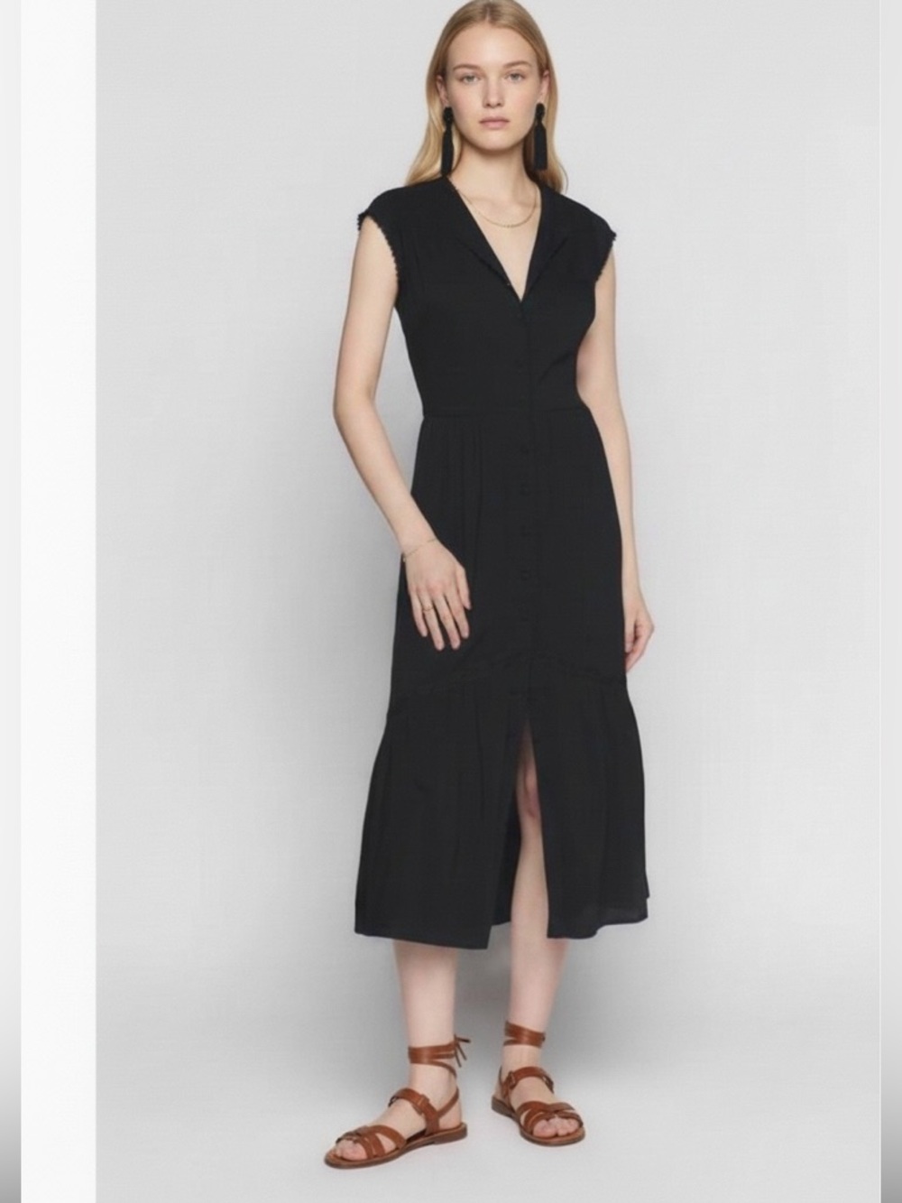 Reformation Rishi midi dress black minimalist tiered ruffle sz 2